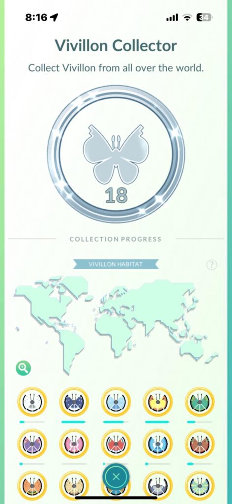 Took awhile but finally finished the Vivillon Collector Medal and have gotten each evolution