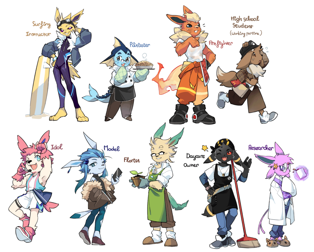 [OC] Thanks to everyone prompting me with ideas, the Eeveelution family is completed!
