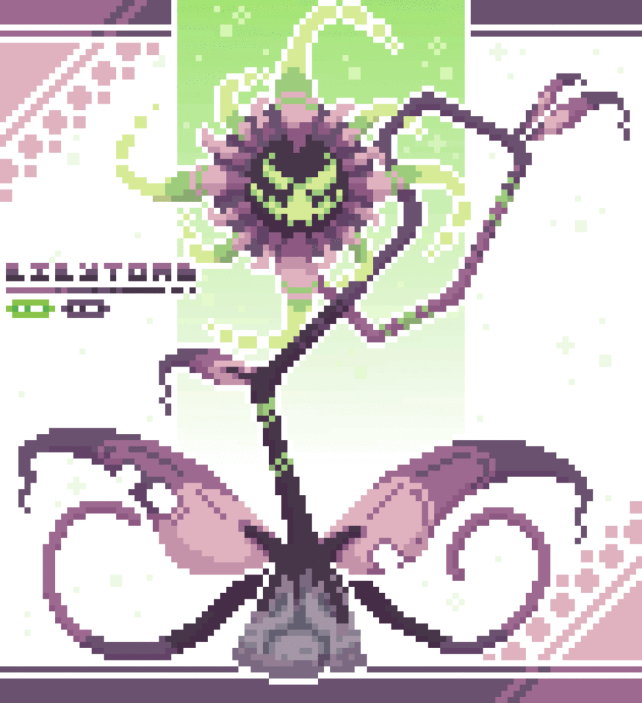 The Wraithpetal Pokémon: "Grass/Ghost type pokémon that have become influenced by the old keystone they've rooted in, cleverly mimicking spiritomb. Their presence wilts plants and frightens most smaller pokémon away, even people avoid lilytomb at times..."