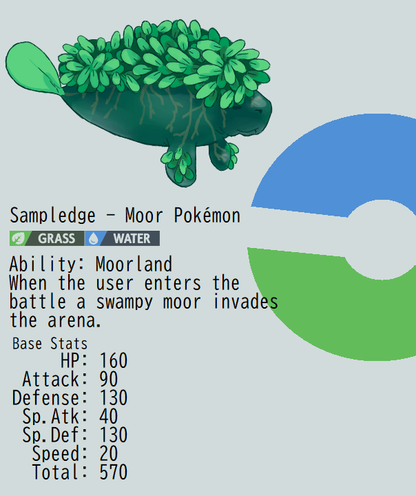 Swampledge, the Moor Pokémon! With a signature ability called "Moorland", it's from a trio of legendary Pokémon based on the Water, Grass and Fire Pledge combos