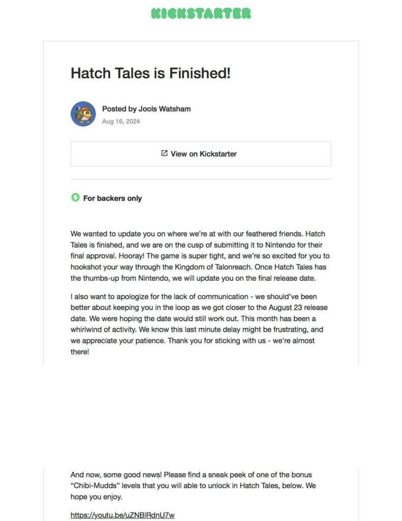 Hatch Tales (formerly Chicken Wiggle) finally done per Kickstarter update