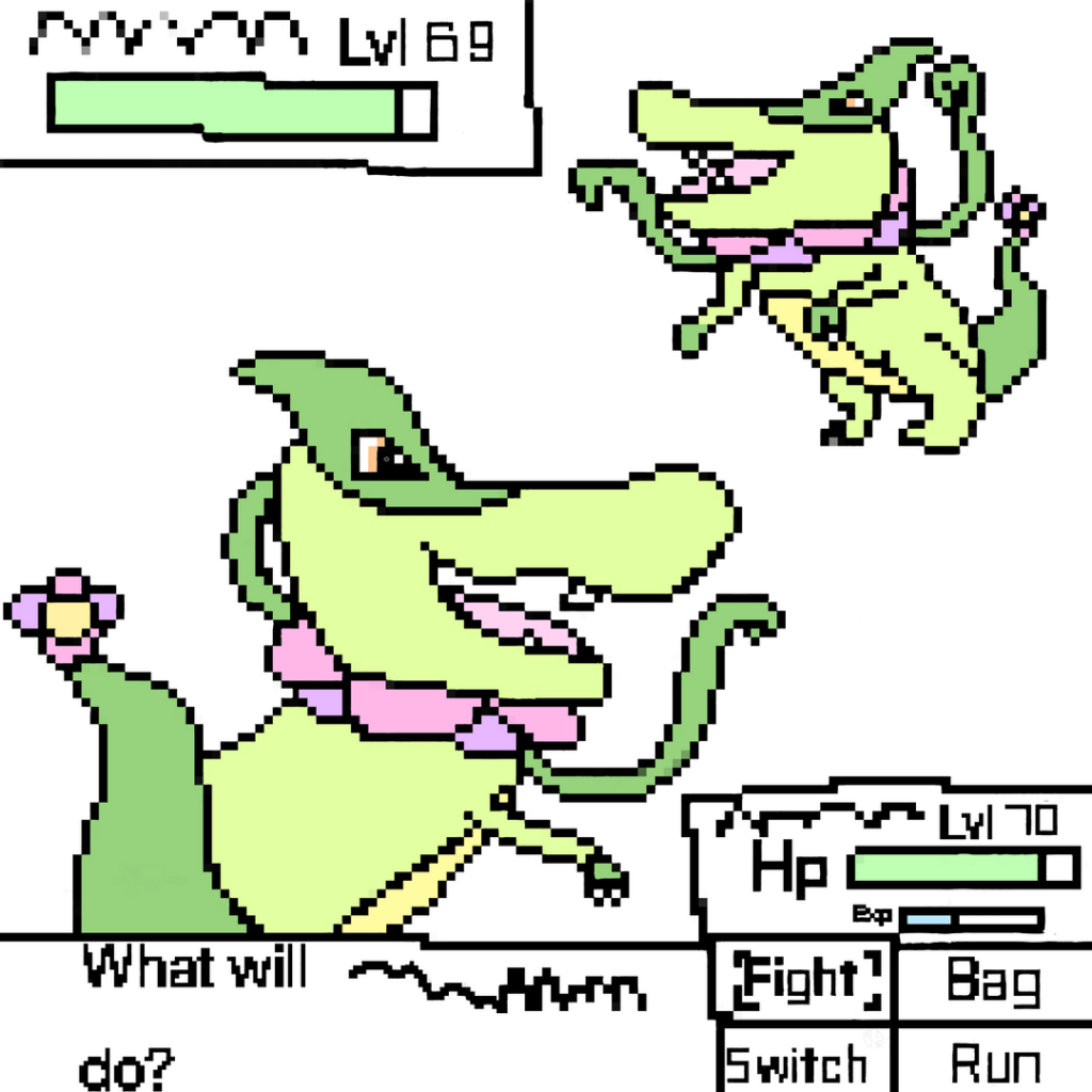 I did a recreation of one of the starters I made. To make it I drew and then used the pixelization filter and then edited it a lot to look like Gen 2. This took me a VERY long time so I won’t do any more sprites for a while. The second image is what it looked like before I used the filter.