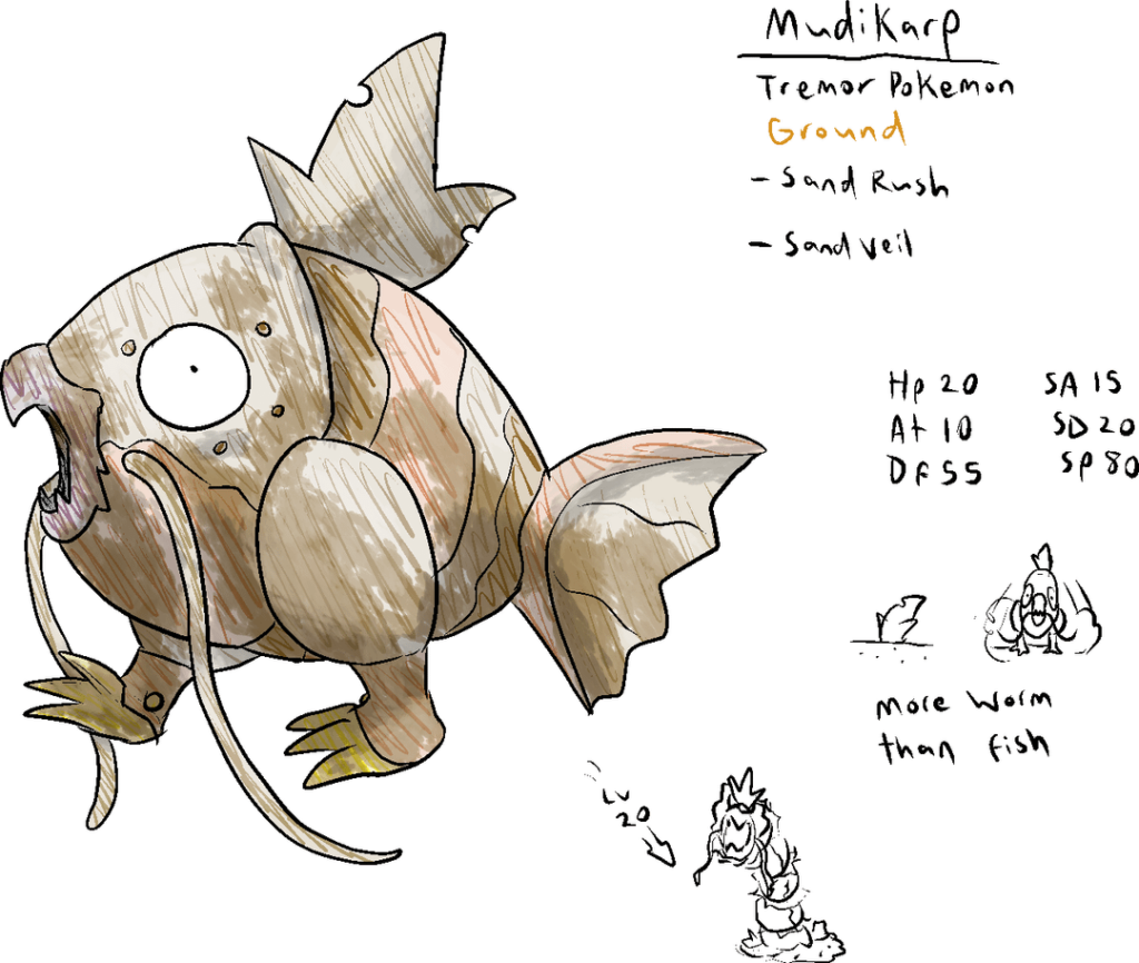 Convergent Magikarp based off of Tremors and the Mongolian Death Worm, Baby Solrock/Lunatone along with Evolutions, and a Wrestler Gator.
