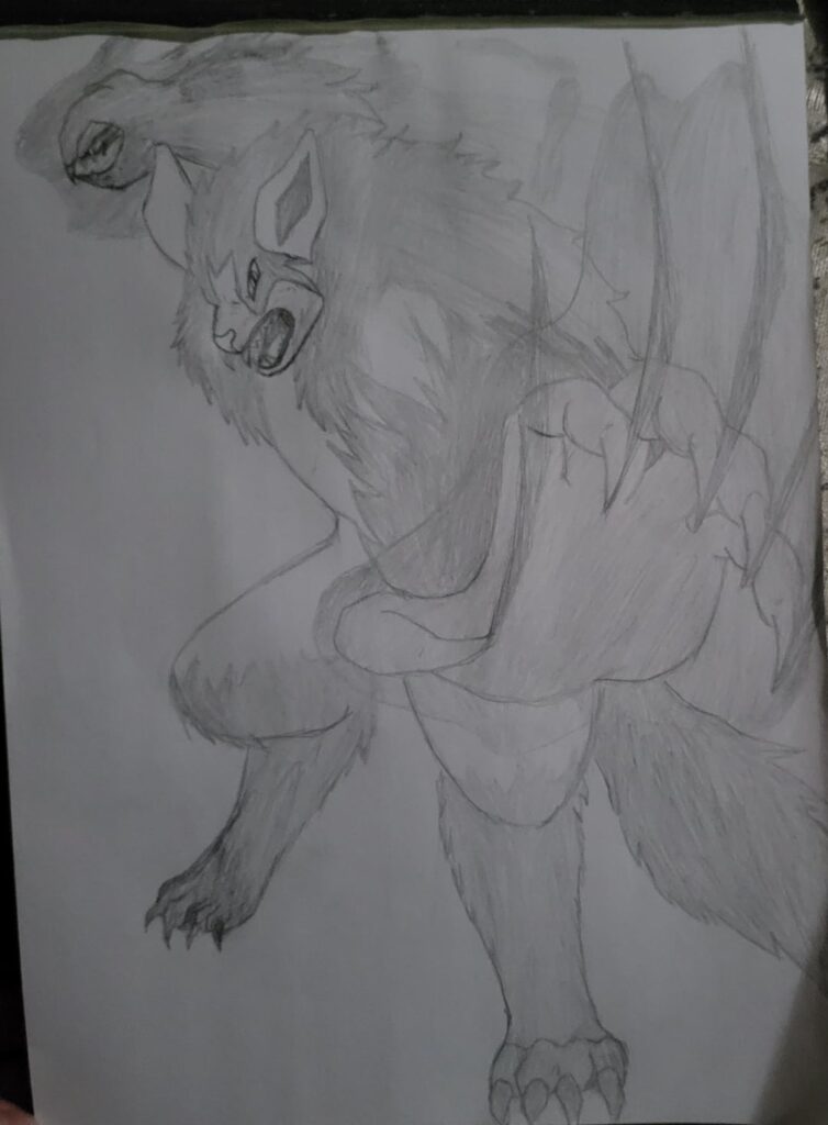 I've posted this before, but I've made some changes to it amd developed it a bit more. This is Frightyena, the evolution of Mightyena. Wish I had more tha pencil and paper, can't do it justice like I want.