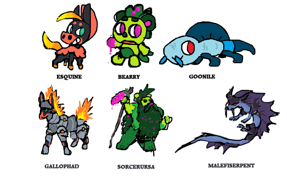 Made a first and last stage for a starter trio based on fantasy character archetypes (the hero/knight, the mentor/wizard, and the villain/dragon) they are fire steel, grass poison and water dark type. these are rough on ms paint.