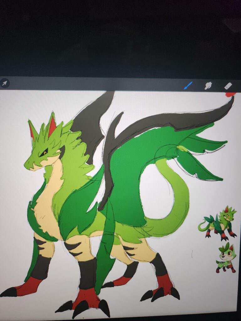 I was planning on waiting until this was finished but I'm currently stumped on the Colors. It looks good at first but to me I looks too similar to it's middle evolution and I've been trying different patterns and colors but none are really fitting. Something is just missing but I can't figure it out