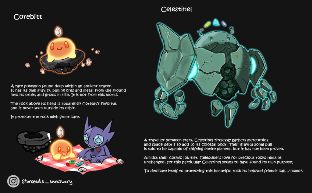 A mythical pokemon has been discovered! Meet Corebit, the Protostar Pokemon, and its evolution, Celestinel