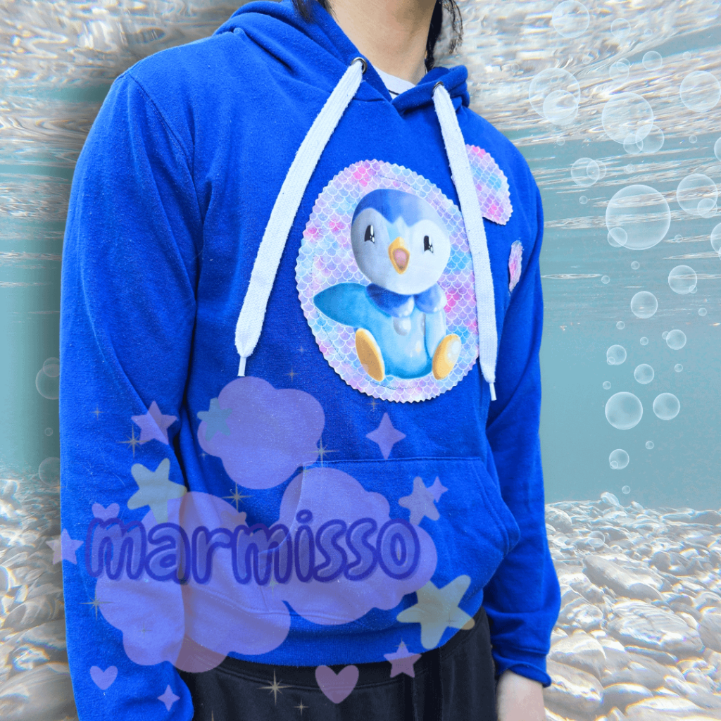 [OC] i've been making custom upcycled clothes for a while, and i am so incredibly proud of this Piplup hoodie, so i thought i'd share