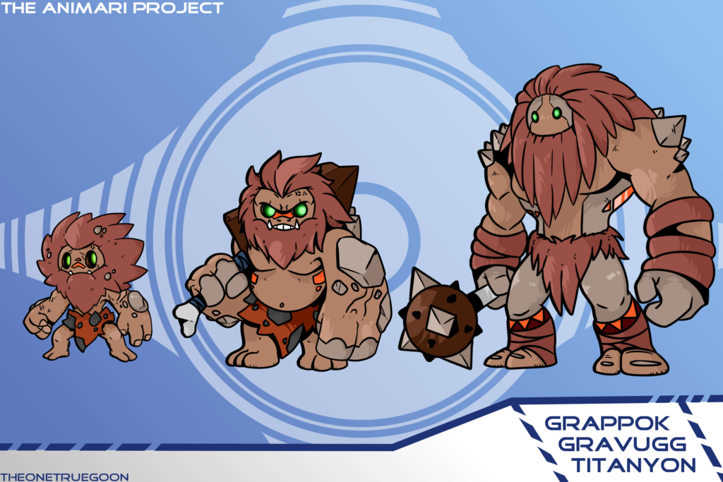 So im starting a new Fakemon Adjacent project called The Animari Project thats going to be a fully playable creature tamer TTRPG! and heres one of the creature lines based on cavemen, mountain trolls, and ogres. Give me your thoughts!
