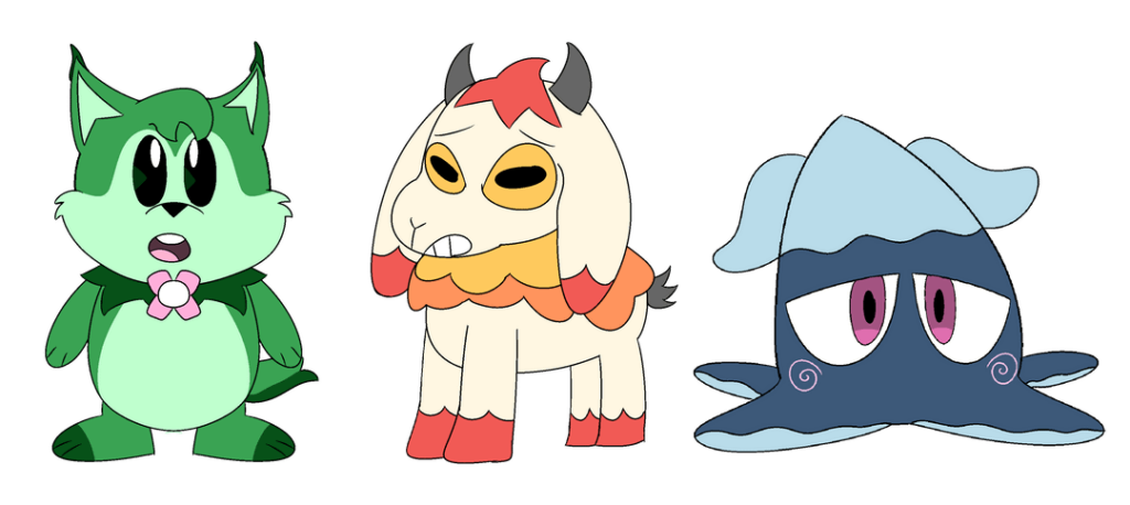 1st pass designs for the first and final forms of my fakemon starters (i'll draw the mid-evos later)