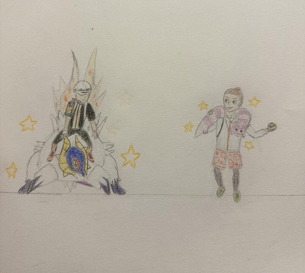My friend and I swapped Shinies, so I drew our SV characters having fun with them