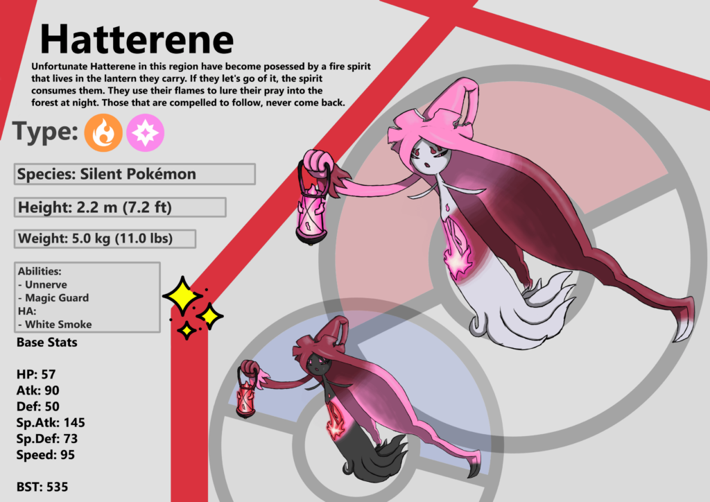 Here is a Fire and Fairy type regional variant of Hatterene. It's even more vicious than it's Galarian counterpart, thanks to an evil fire spirit.