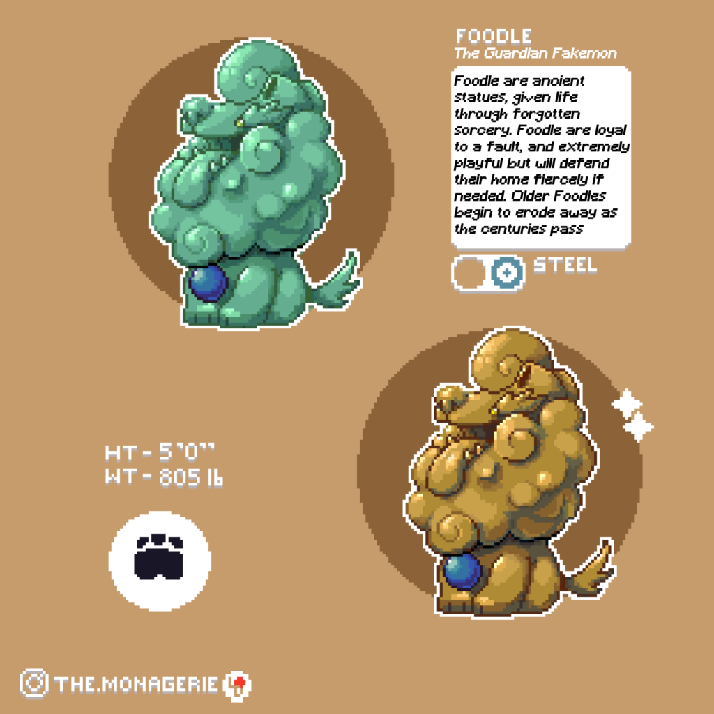 Foodle, a fakemon based on a Guardian lion Statue
