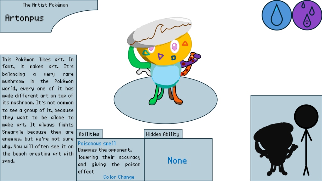This is a Fakemon I made named Artonpus. It is based on an octopus, artist and artist's conk.