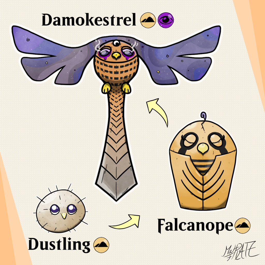 Fakemon inspired by hovering kestrels, the Sword of Damocles, the mind's eye, canopic jars and fluffy falcon chicks