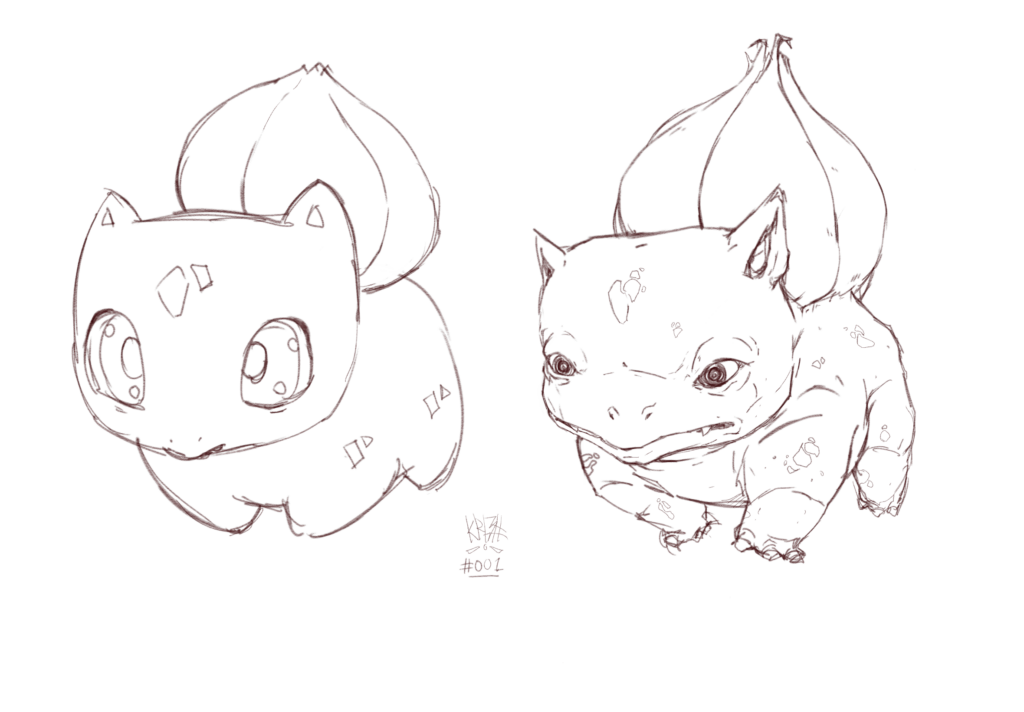 Drew Bulbasaur in two contrasting artstyles.