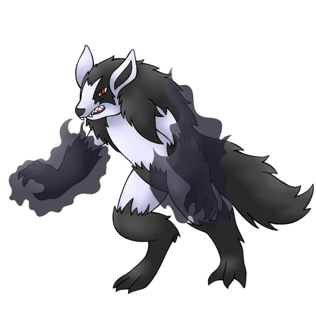 Finally got this design perfected and colored thanks to u/meluharegion. This is Frightyena, the Dark/Ghost Lycanthrope Pokémon and evolved form of Mightyena.