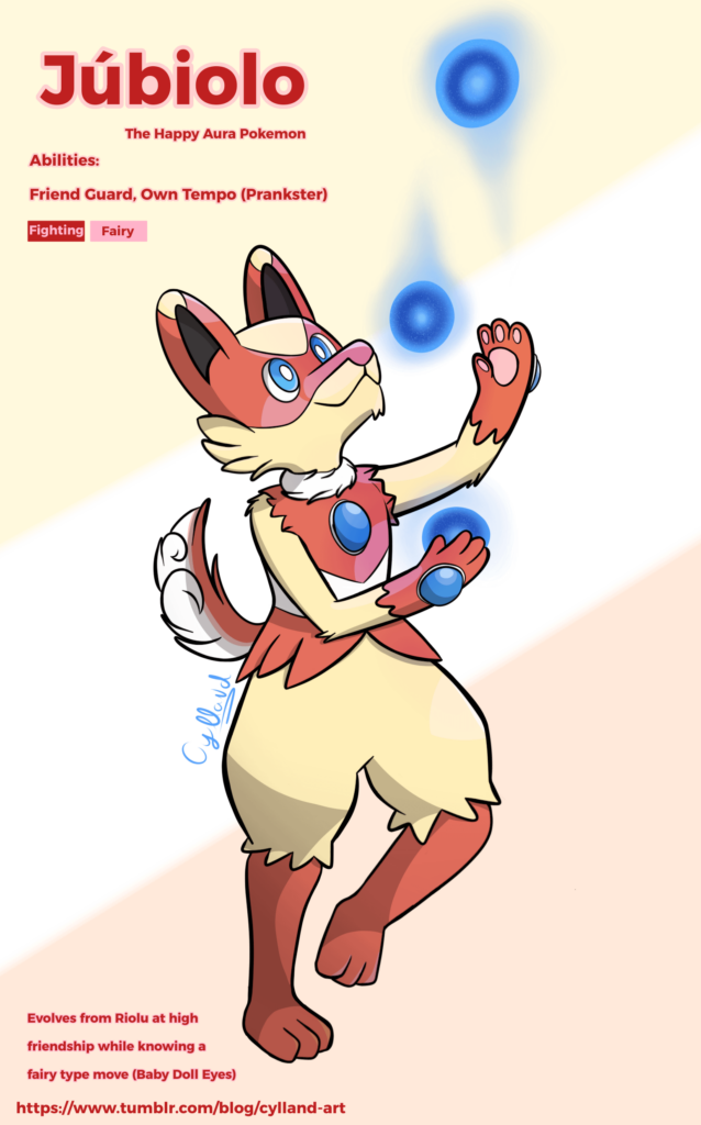 Júbiolo! The Happy Aura Pokemon! A Riolu split evolution.