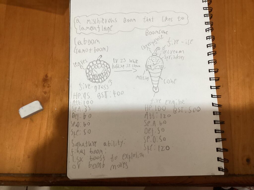 My first time making a fakemon with a design I thought of at school. Boomcone the fire ice type and caboom the fire grass type