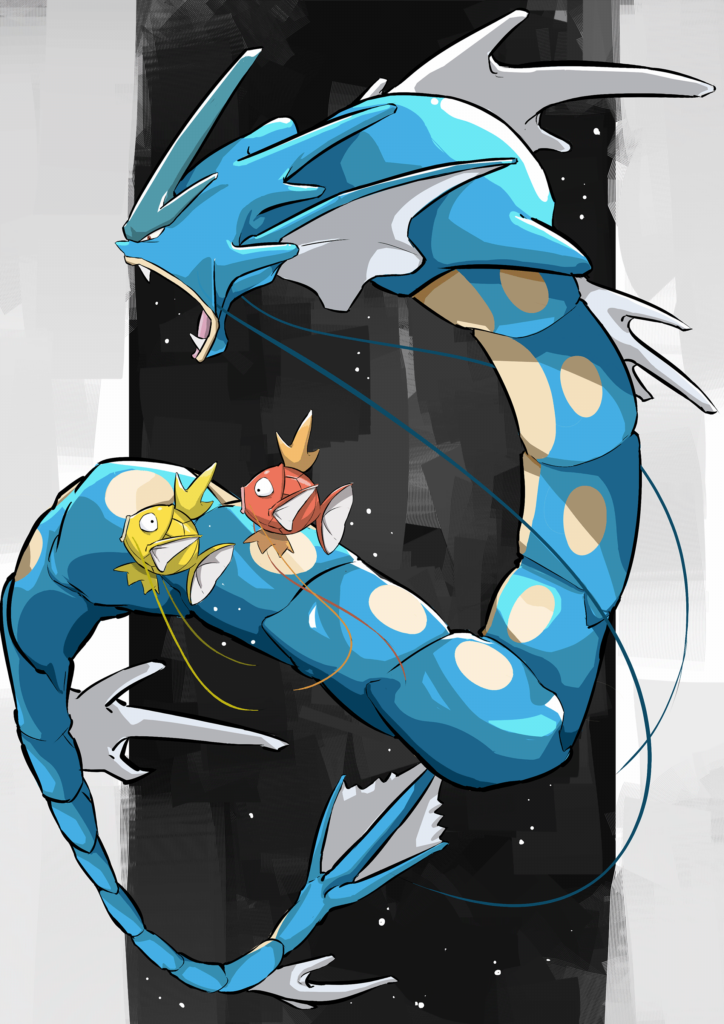 I did this fan art of a couple of Magikarps and Gyarados!