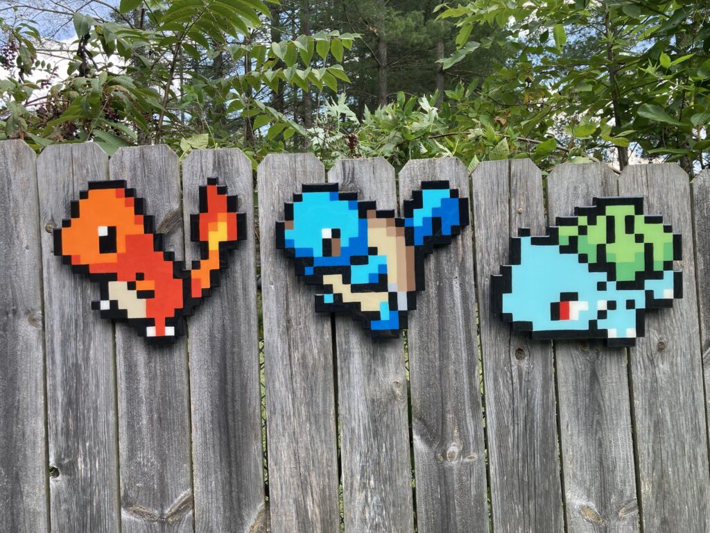 [I made] Wooden Pixel Art with Charmander, Squirtle, & Bulbasaur with Resin Finish