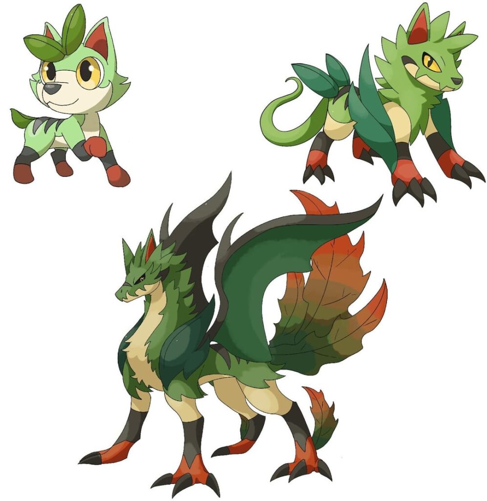 While I’ve already posted them I just thought to show the Starters of my region side by side! Twiger Tyvern Drafoliage, Snemba Coblaze Korinferno, and Platypat Platyslash Warriblade. Personally I’d choose the Twiger line because I live grass starters. Also I need help for a name for my region!