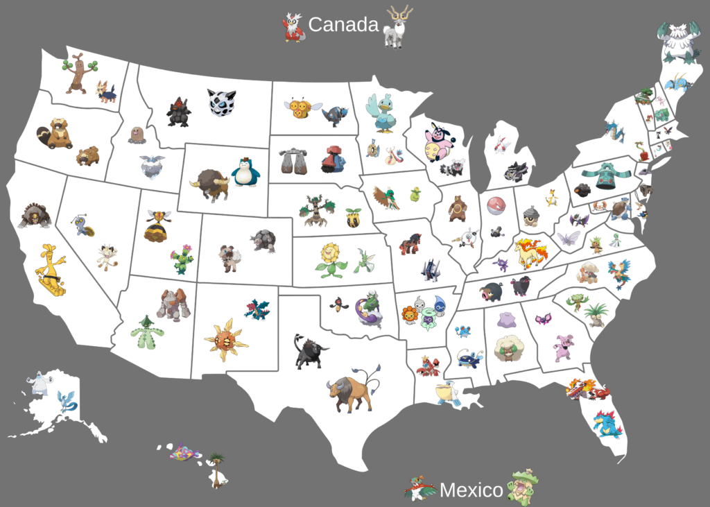 The US (plus CA and MX) as Pokémon based off who best represents them.