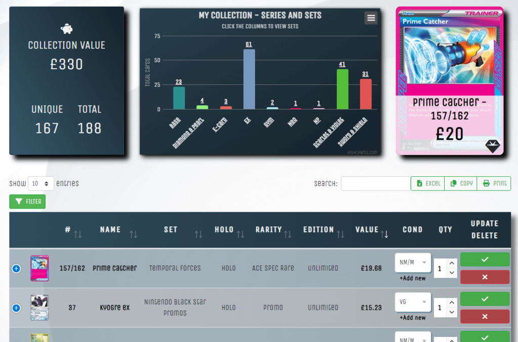 I've just got back into Pokemon and thought I'd catalogue my whole collection. Not bothered about the values really but some interesting stats on pokecardvalues.co.uk!