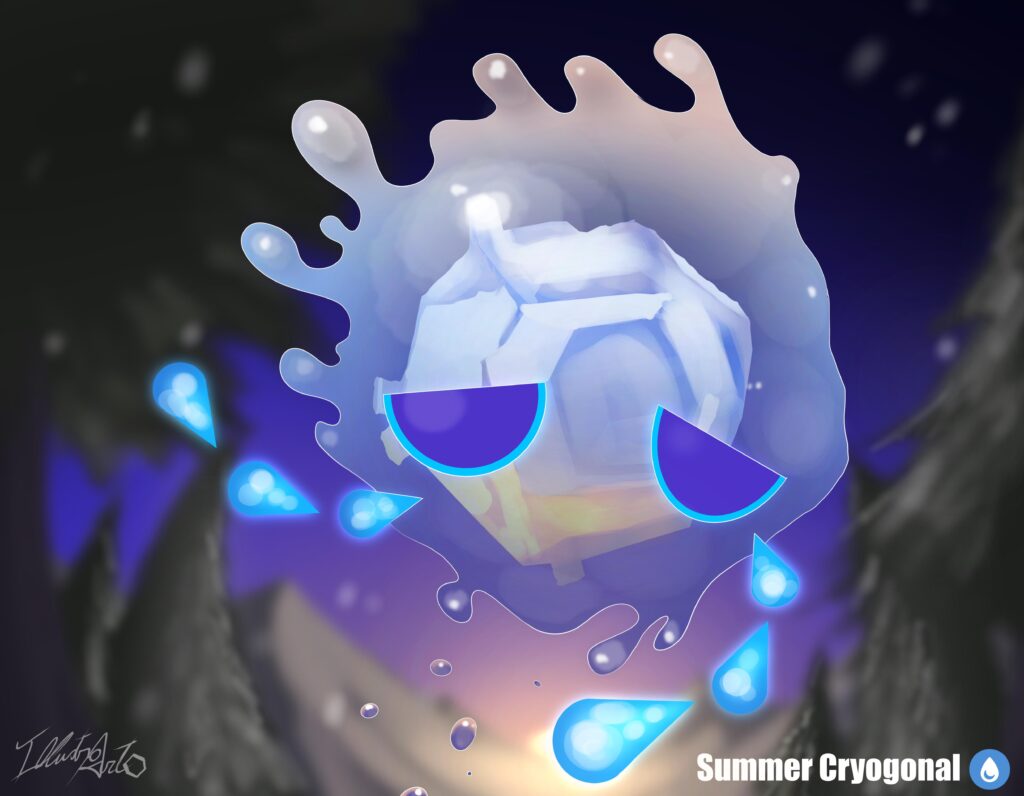 (OC) Summer Form of Cryogonal!  This Pokémon is at constant risk of evaporating away, so it hides in caves during daylight hours.