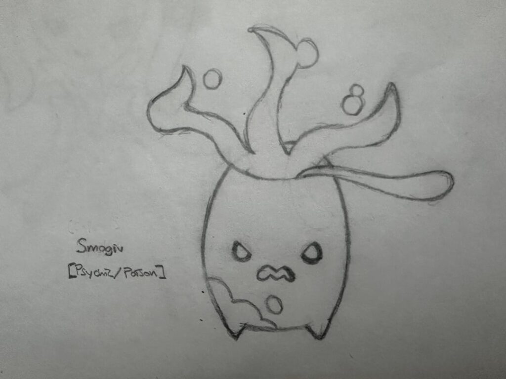 My convergent line for the Smoliv line based on witches and cauldrons. The first one is called Smogiv, what should I call its evolutions?