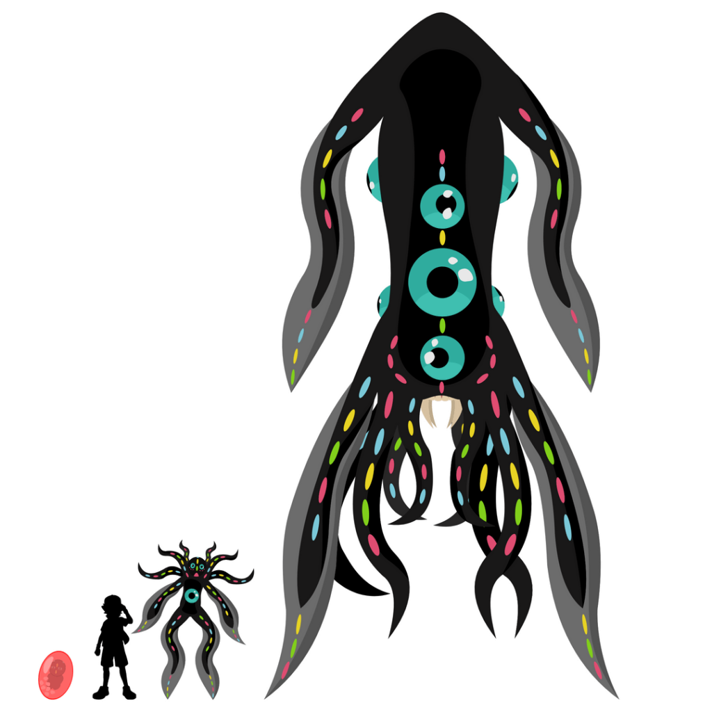 Fakemon - Squidlet, Homisquid, and Calayathan (Ash for scale)