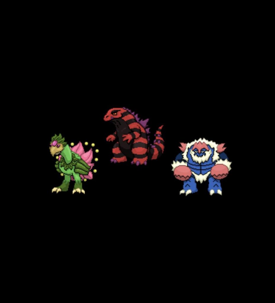 Sprites for my starters- Pluteryx (Grass/Psychic), Gilazila (Fire/Poison), and Crawsade (Water/Fighting). They were inspired by the more simplistic starter designs of earlier regions.