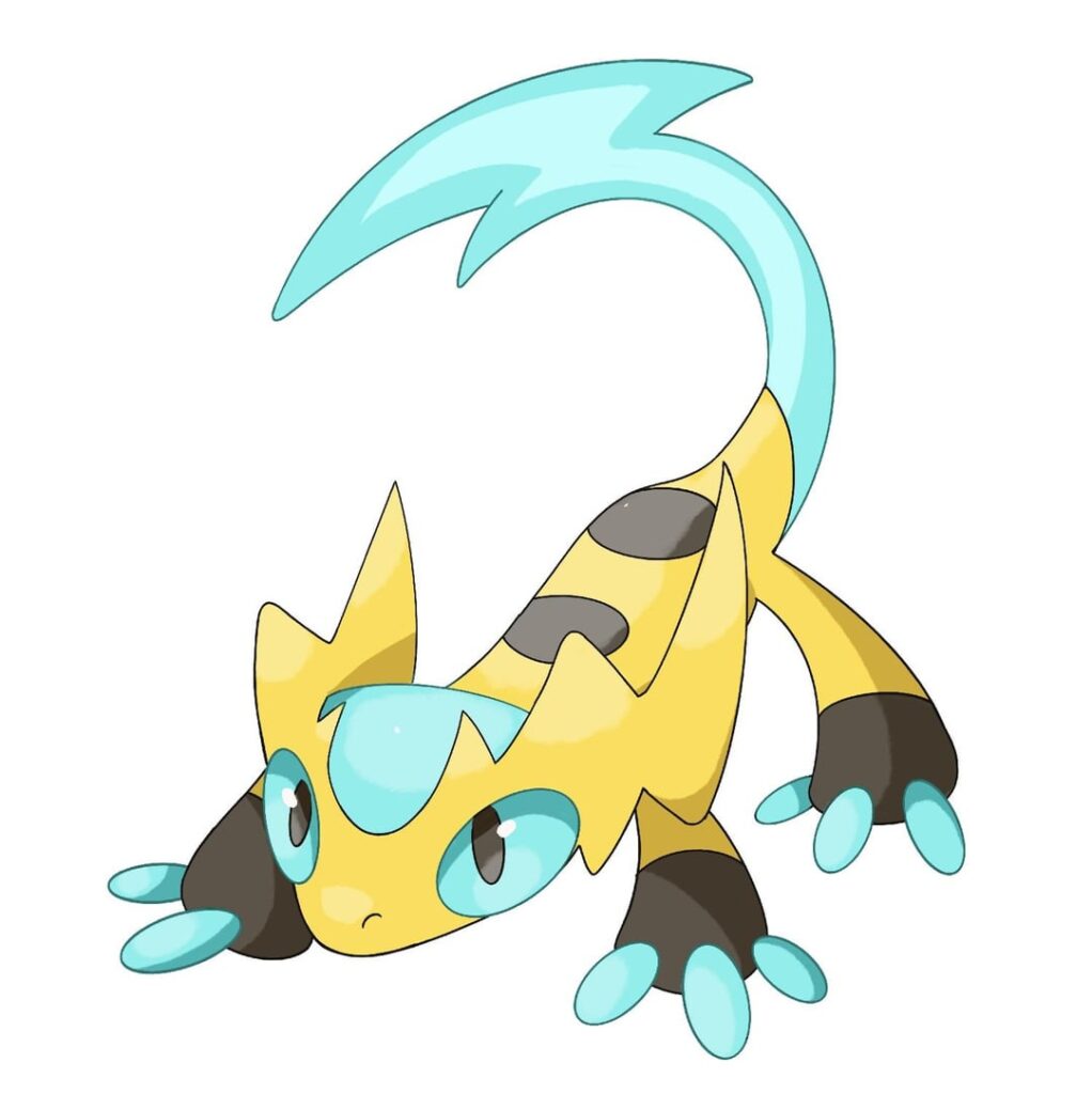 Meet Zapecko, Zapraptor, and Illumidon. They’re a split evolution based around the time of day. Their types are Electric, Electric/Fighting/ and Electric/Ghost. Abilities and signature moves in comments