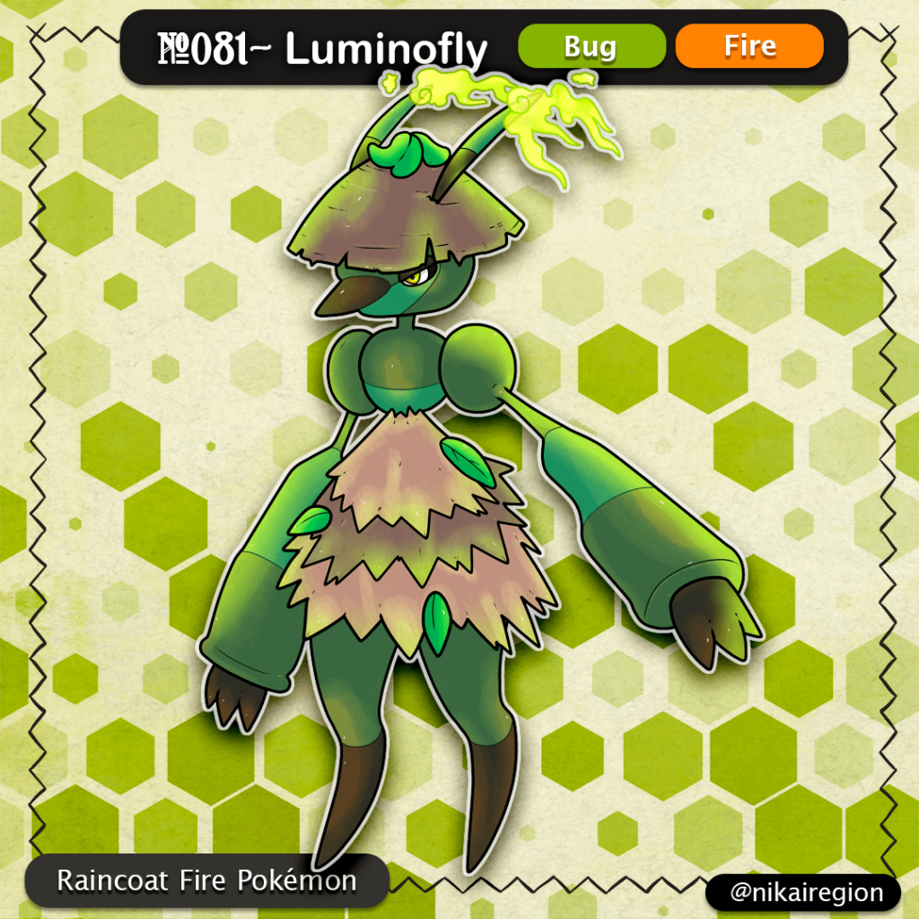 Minobi Fakemon - BUG/FIRE Firefly Japan Pokemon - Straw Cape Raincoat Yokai Pokemon - @nikairegion