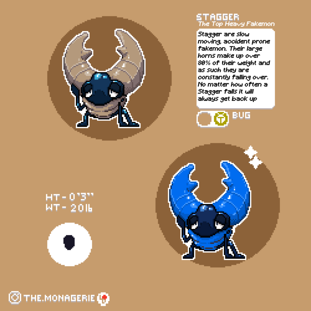 Stagger - The Top Heavy Fakemon - not done any pixelart for a little while so thought id start back out with something nice and simple. Here is my take on an early route bug fakemon