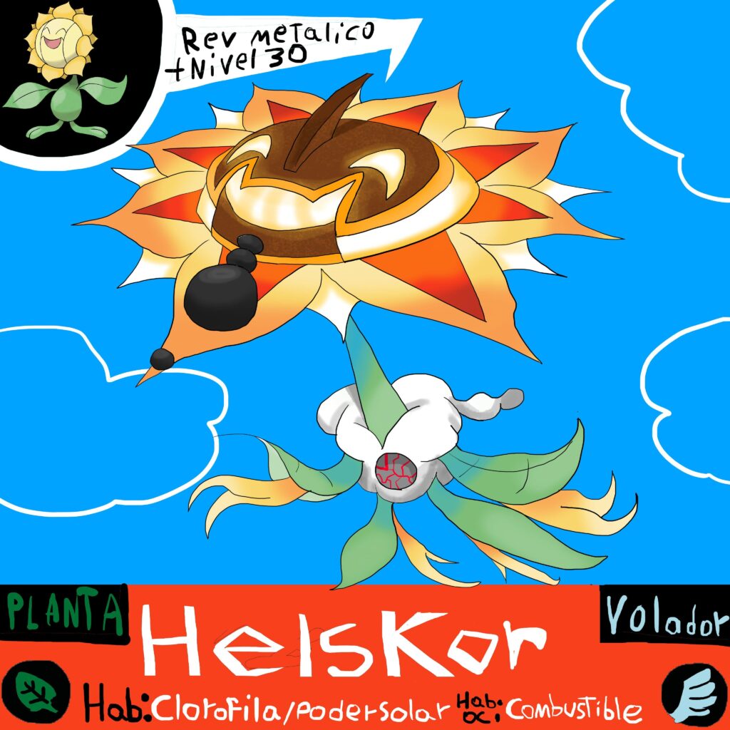 Nueva evolución para el sol girador, tiene 4 piedras calcinadas que orbitan su cabeza y las usa para defenderse o atacar, se levanta por los cielos, radiante, alimentando a plantas y Pokémon con su energía solar