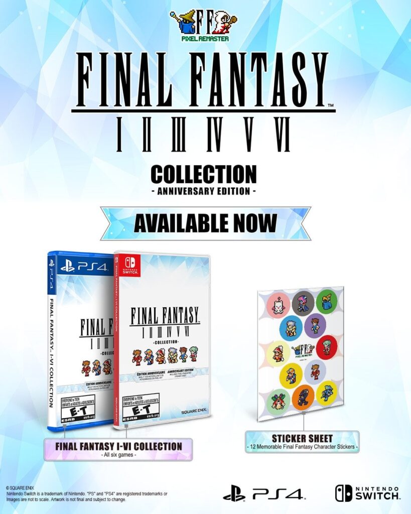 The Final Fantasy I-VI Collection Anniversary Edition, featuring the FF I-VI Pixel Remasters, is out now via participating retailers in North America and Europe for PlayStation 4 and Nintendo Switch