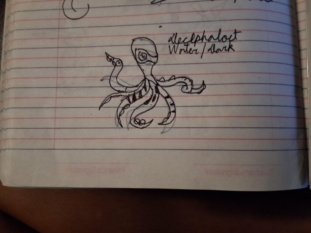 Decephaloct (water/dark) These pokemon are the masters of deception, able to turn their individual tentacles or their entire skin into different patterns and textures. They often mimic other pokemon to scare off predators such as carvanha, gyrados, and beartic. The inspiration of this was Tf2 spy.