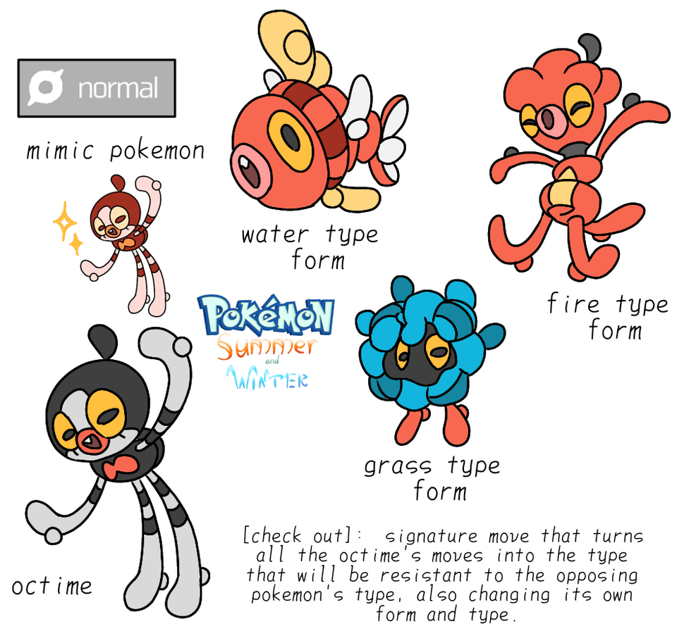 Here's octime with three of his possible forms and my region's non electric pika clone, ammovelly! Thoughts?