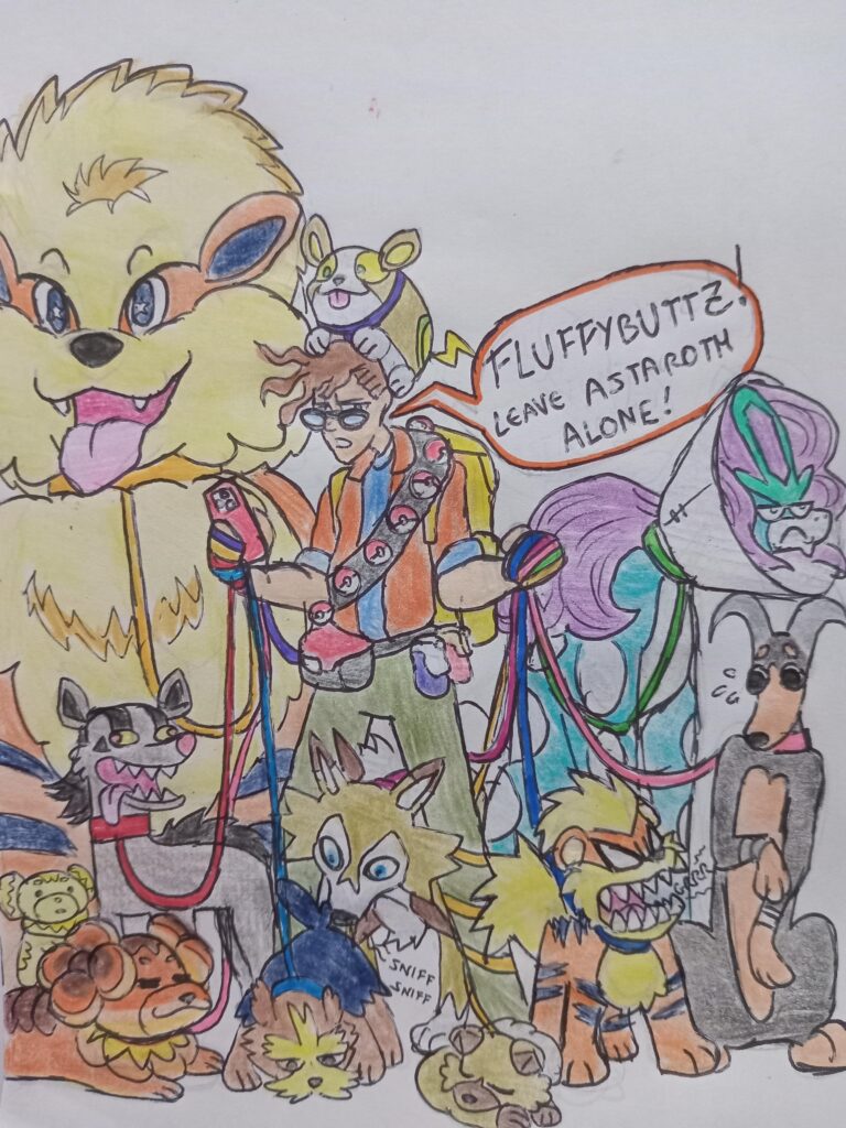 (Art by me) Dog walkers in the Pokemon world