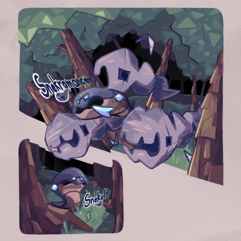 Snekult and Snekromancer! Both pure Ghost-type. Inspired by Eastern Hognose Snakes, which are notorious for playing dead, modern interpretations of necromancers, and snakes' shed skins!