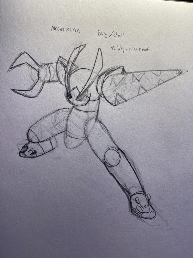 Took a while, but I’m getting back into the swing of drawing fakemon! (Here’s a sketch of Mechazurm!)
