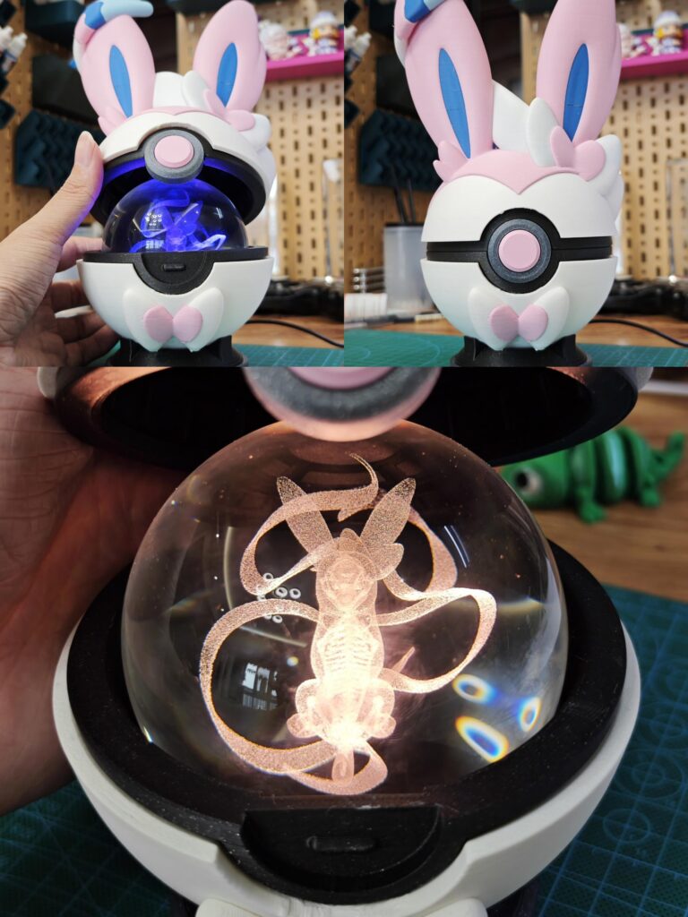 Just finished 3D printing a Sylveon Pokéball and a glass skeleton light! I’d love to hear what you all think! Any feedback or suggestions for what I should print next? I’m thinking of working on more Eeveelutions! OC