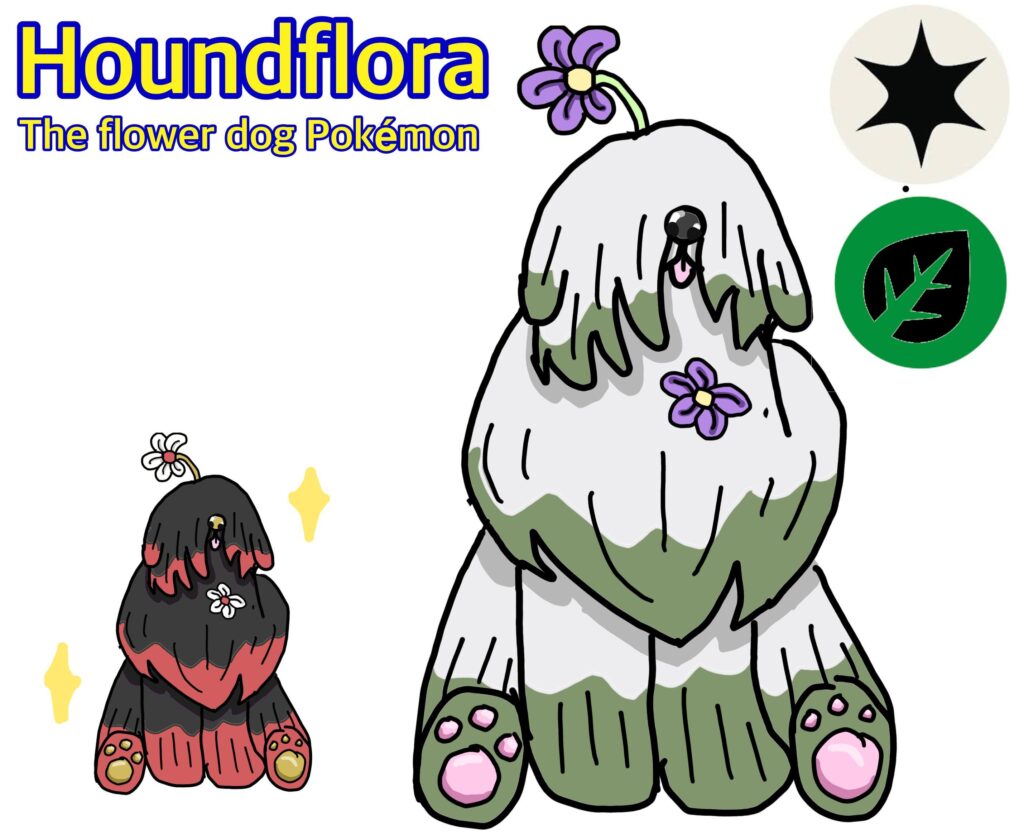 Houndflora! The flower dog Pokémon! From my fakemon universe, Pokémon V2! (Frivk you, un-ghosts your ghost type)