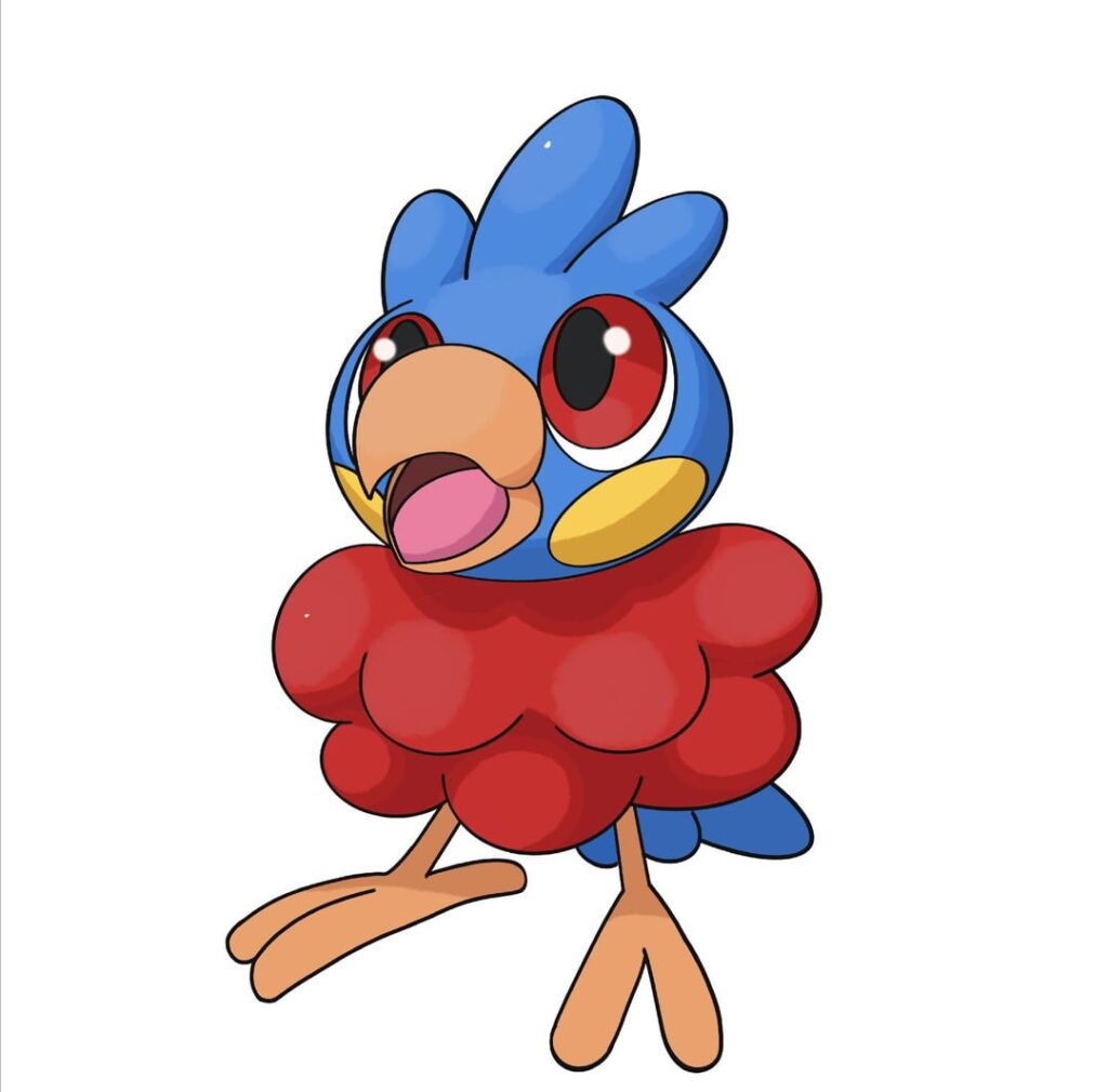 This is Puffluff, Fluffloon, and Lorifluff. They are the early route bird Pokémon in my region. Their types are Flying, Flying/Fairy, and Flying Fairy. Would you add them to your team? They are based on Lorikeets and Lorifluff takes inspiration from both peacocks and secretary birds.