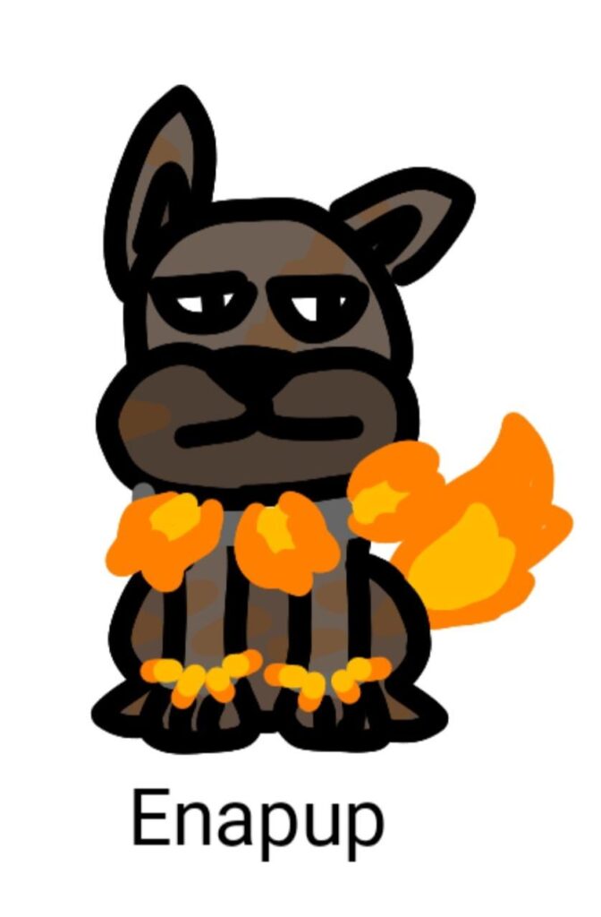This is enapup, it is the fire starter inspired by Cerberus. In its wild state it expels fire uncontrollably through its body, causing burns to its skin, which is why in its first stage it wears fire containment bracelets and necklace through which most of the fire is released.