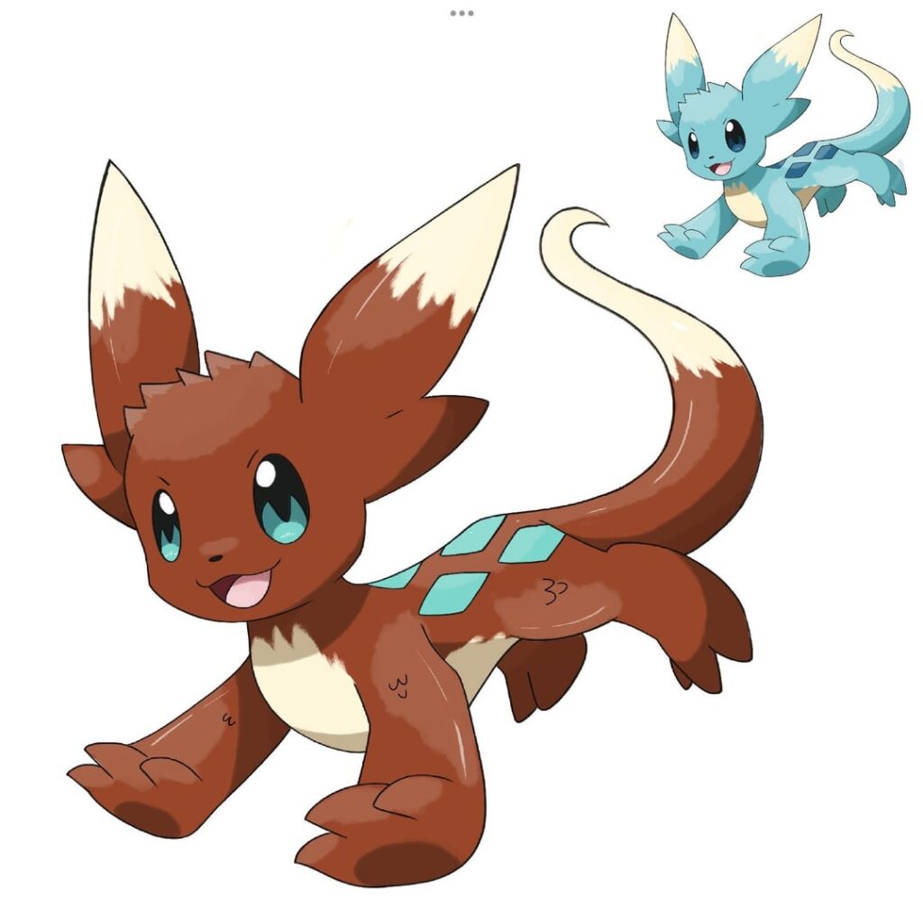 Meet Austrenian Eevee, Falcogon, Diamagon, and Mosegon. Their types are Dragon, Dragon/Flying, Dragon/Rock, and Dragon/Poison. Due to the unique climate in Austren Eevee’s genetic makeup caused to to gain reptile-like traits as well as 3 unique evolutions! Abilities and moves in comments.