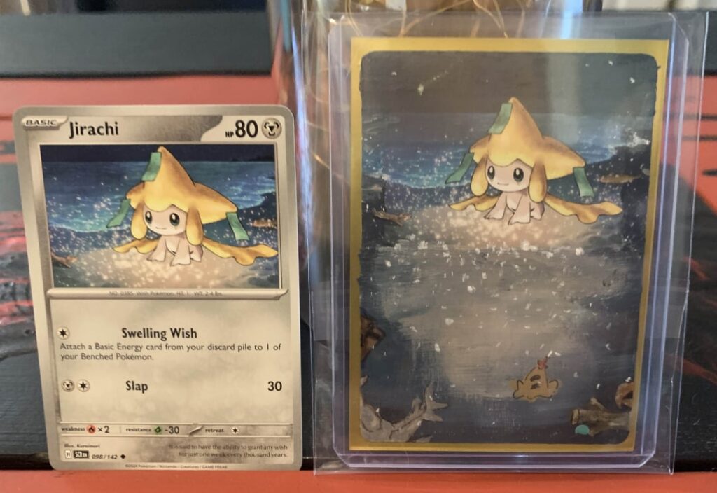 My first two attempts at painting Pokemon cards! Jirachi and Bulbasaur ^u^