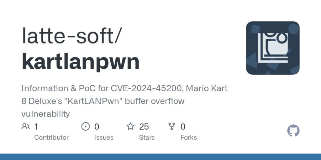 Buffer overflow vulnerability "KartLANPwn" (CVE-2024-45200) discovered in Mario Kart 8 Deluxe up to v3.0.1