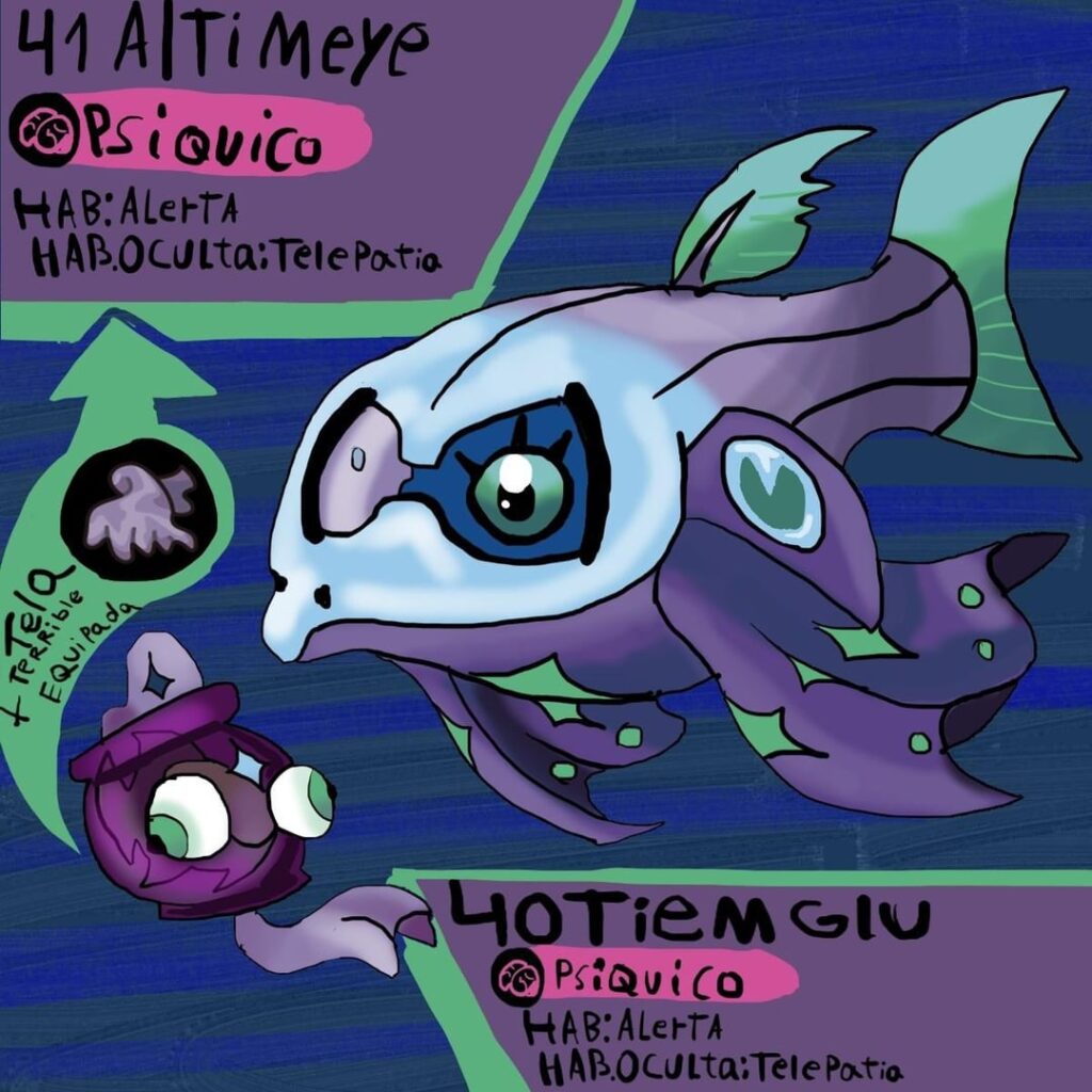 Inspirado en el pez en la pecera (Pez telescopio),el barrleye y en las adivinas nace este Pokémon. (La cría puede ver hacia el pasado y el futuro simultáneamente xd)